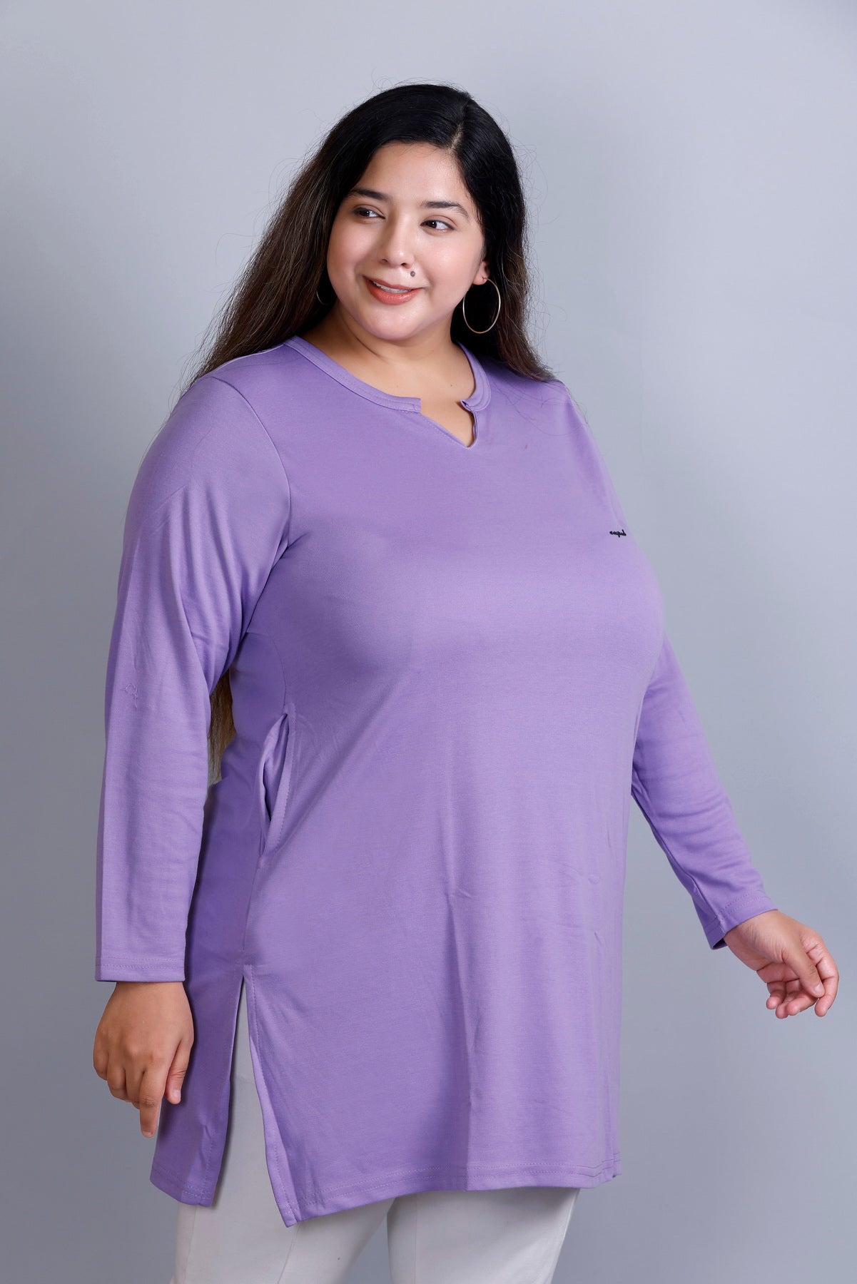 Plus Size Full Sleeves Long Top For Women - Lilac Blush