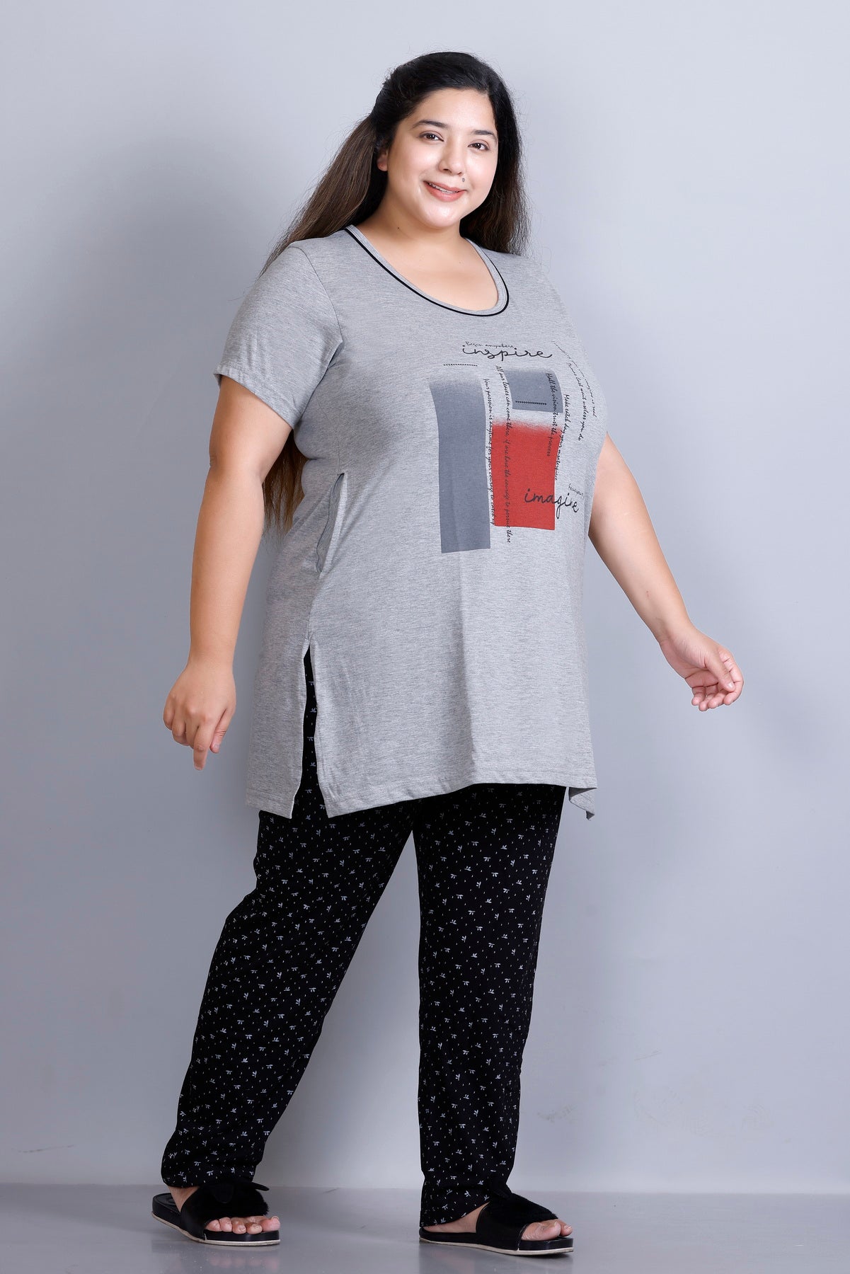 Cotton Nightsuit For Women - Long Top & Pyjama Set -Grey/Black