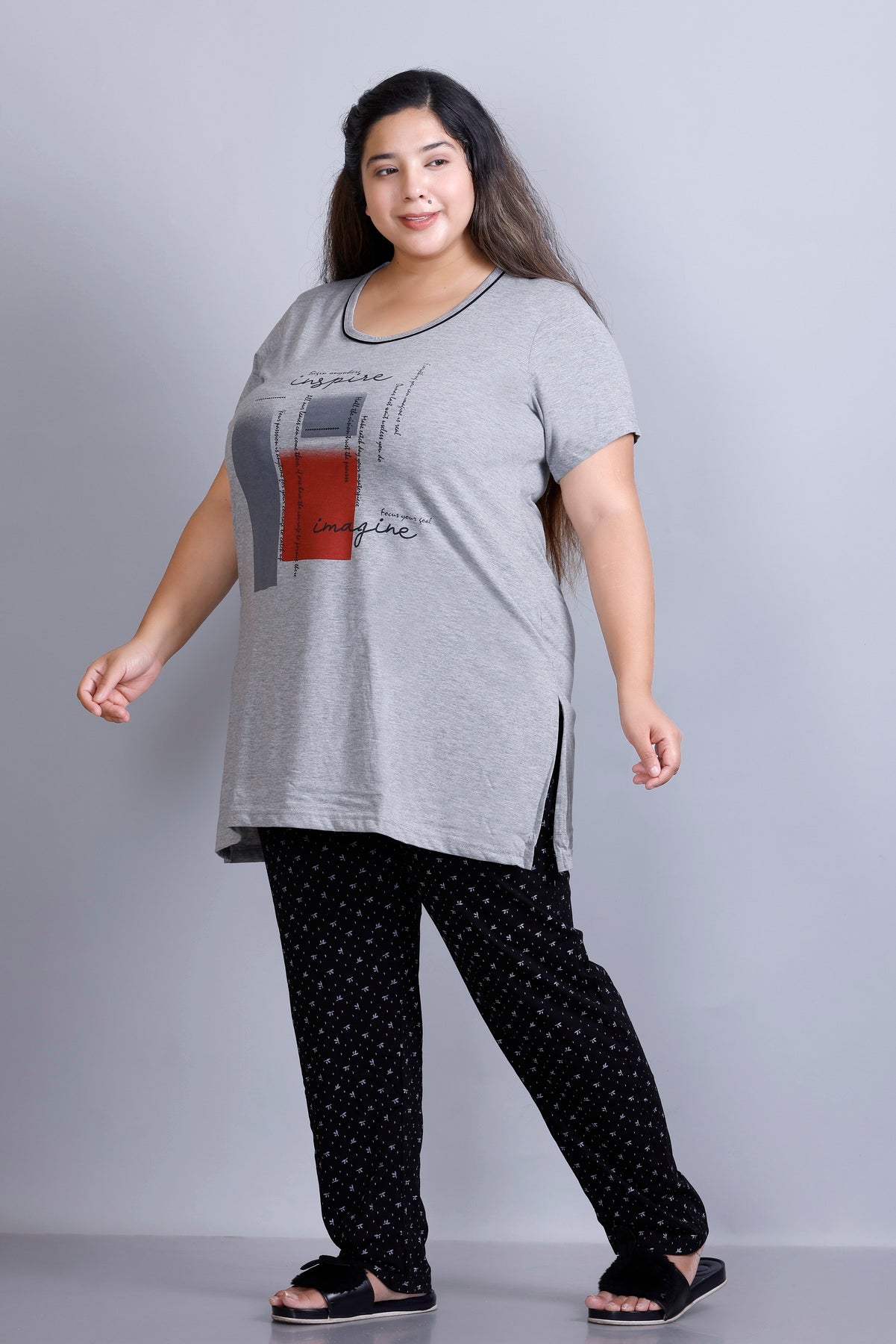 Cotton Nightsuit For Women - Long Top & Pyjama Set -Grey/Black