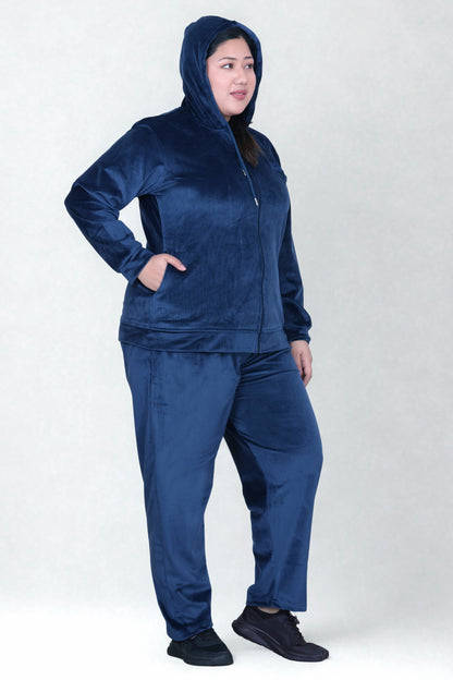 Winter Cotton Velour Tracksuit Set For Woman -Peacock Blue