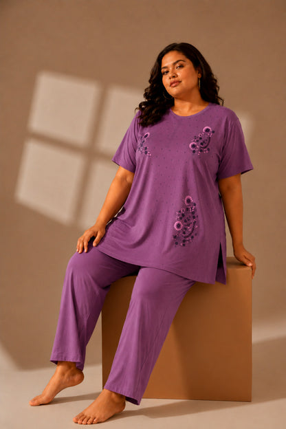 Woman Cotton Floral Printed Tshirt & Pajama Set-Lounge Wear