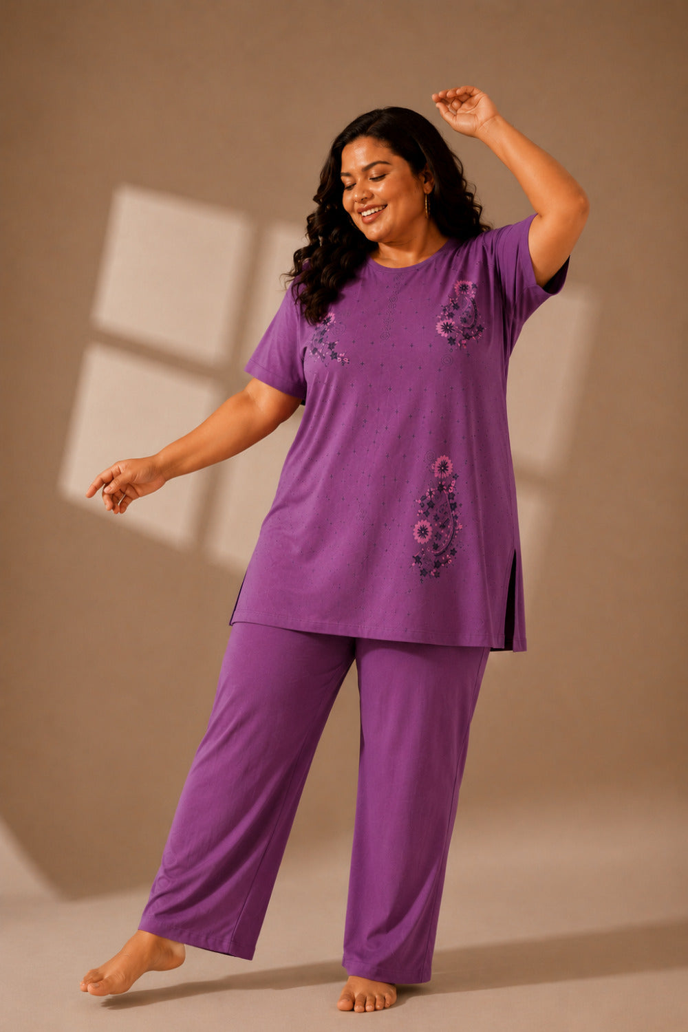 Woman Cotton Floral Printed Tshirt & Pajama Set-Lounge Wear