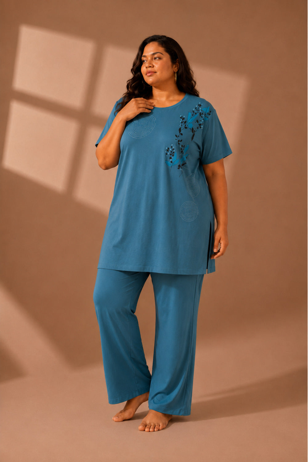 Woman Cotton Floral Printed Tshirt & Pajama Set-Lounge Wear