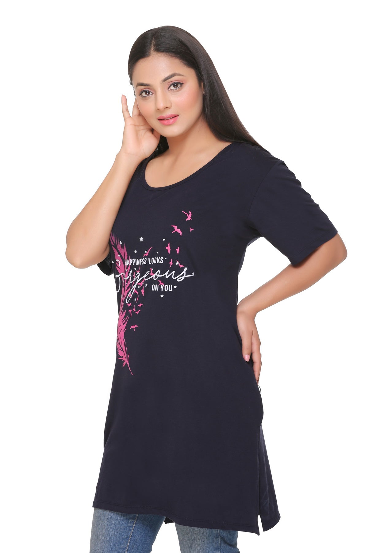 Stylish Half Sleeve Long T-shirt For Women In Plus Size - Navy & Turquoise At Online