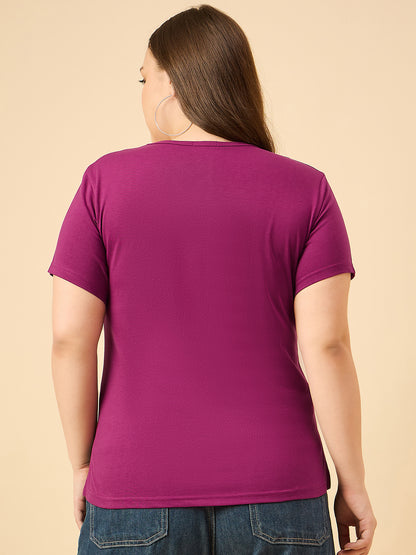 Plus Size Plain Cotton T-Shirt For Women - Purple