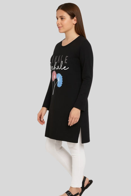 Cotton Long Top for Women Plus Size - Full Sleeve - Black