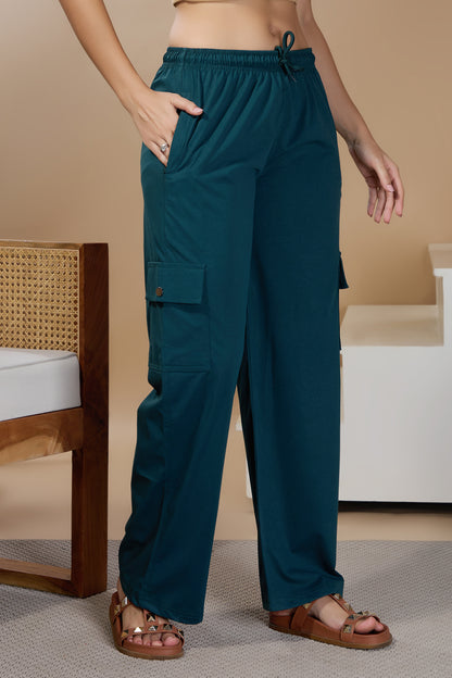 Women Smart Straight Fit Easy Wash Cargo Pants- Teal