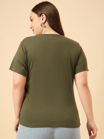 Plus Size Plain Cotton T-Shirt For Women - Olive Green