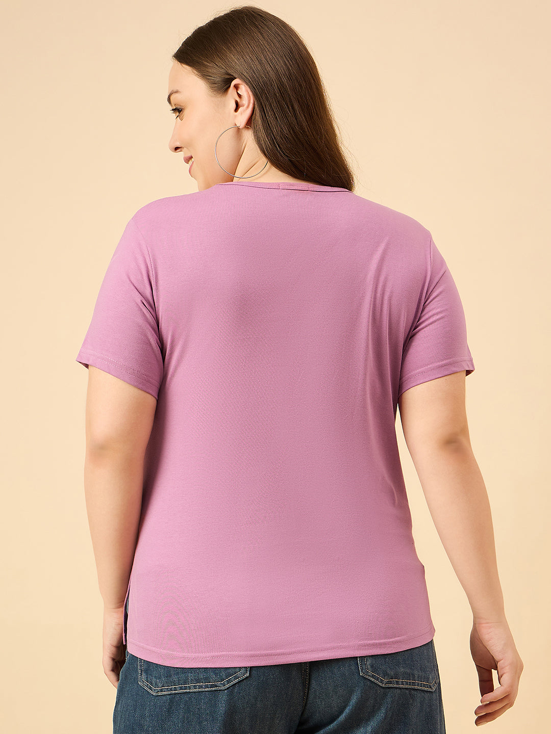 Plus Size Plain Cotton T-Shirt For Women - Mauve