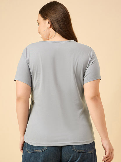 Plus Size Plain Cotton T-Shirt For Women - Blue Satin