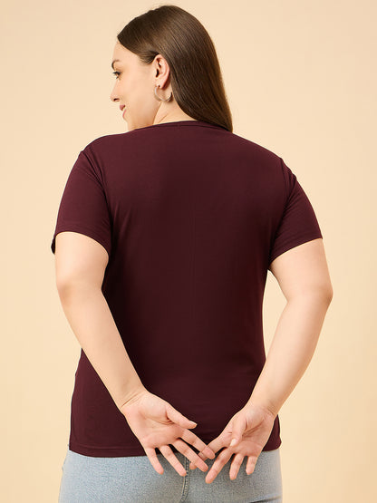 Plus Size Plain Cotton T-Shirt For Women - Wine