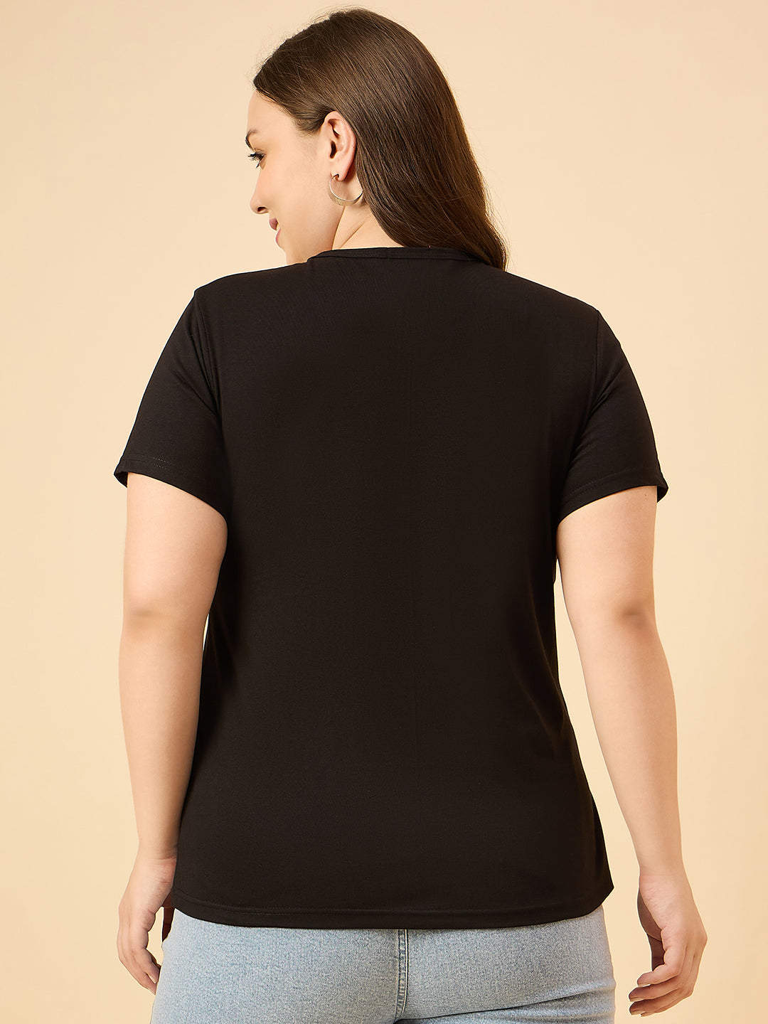 Plus Size Plain Cotton T-Shirt For Women - Black