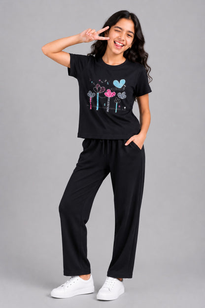 Girls Cotton T-Shirt & Pajama Set Soft Co-Ord Outfit for Kids (9-12 Years)