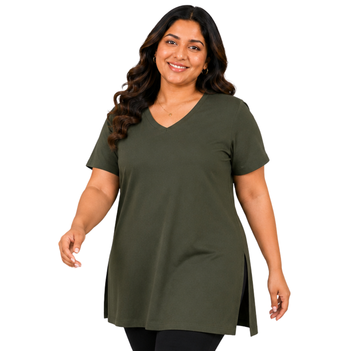 Woman Cotton Lycra V-Neck  Active Tees –Olive Green