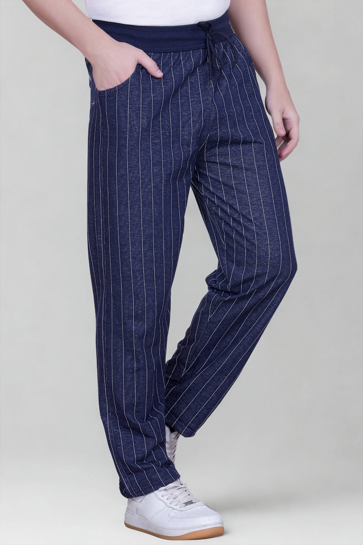 Jinxer Men’s Striped Straight-Fit Cotton Trackpant -Navy Blue