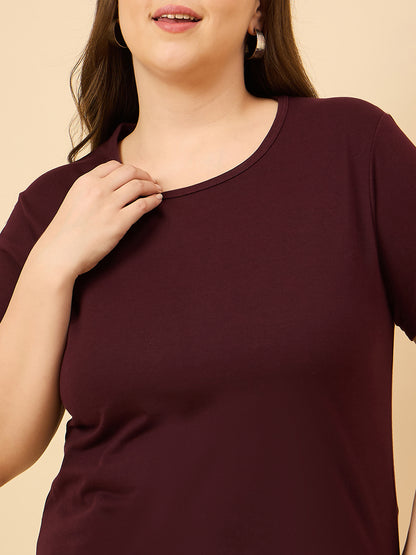 Plus Size Plain Cotton T-Shirt For Women - Wine