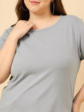 Relaxed Fit Blue Satin Cotton T-Shirt For Plus Size Women