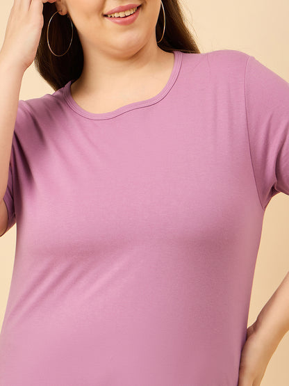 Plus Size Plain Cotton T-Shirt For Women - Mauve