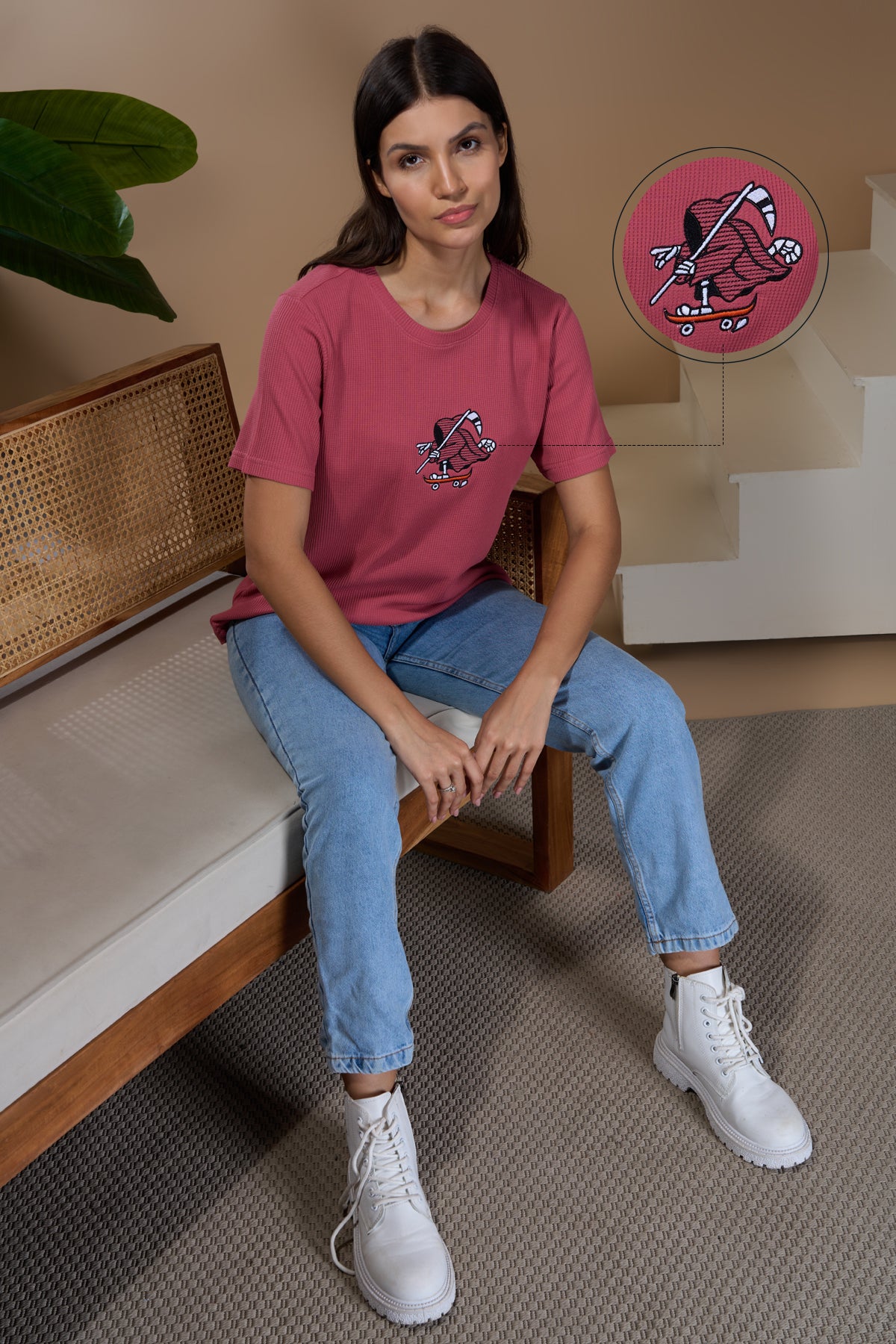 Women Textured Cotton Relaxed  Fit T-Shirt: Primrose