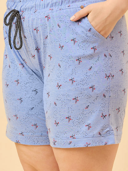 Plus Size Cotton Shorts For Women - Printed Bermuda - Sky Blue