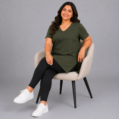 Woman Cotton Lycra V-Neck  Active Tees –Olive Green