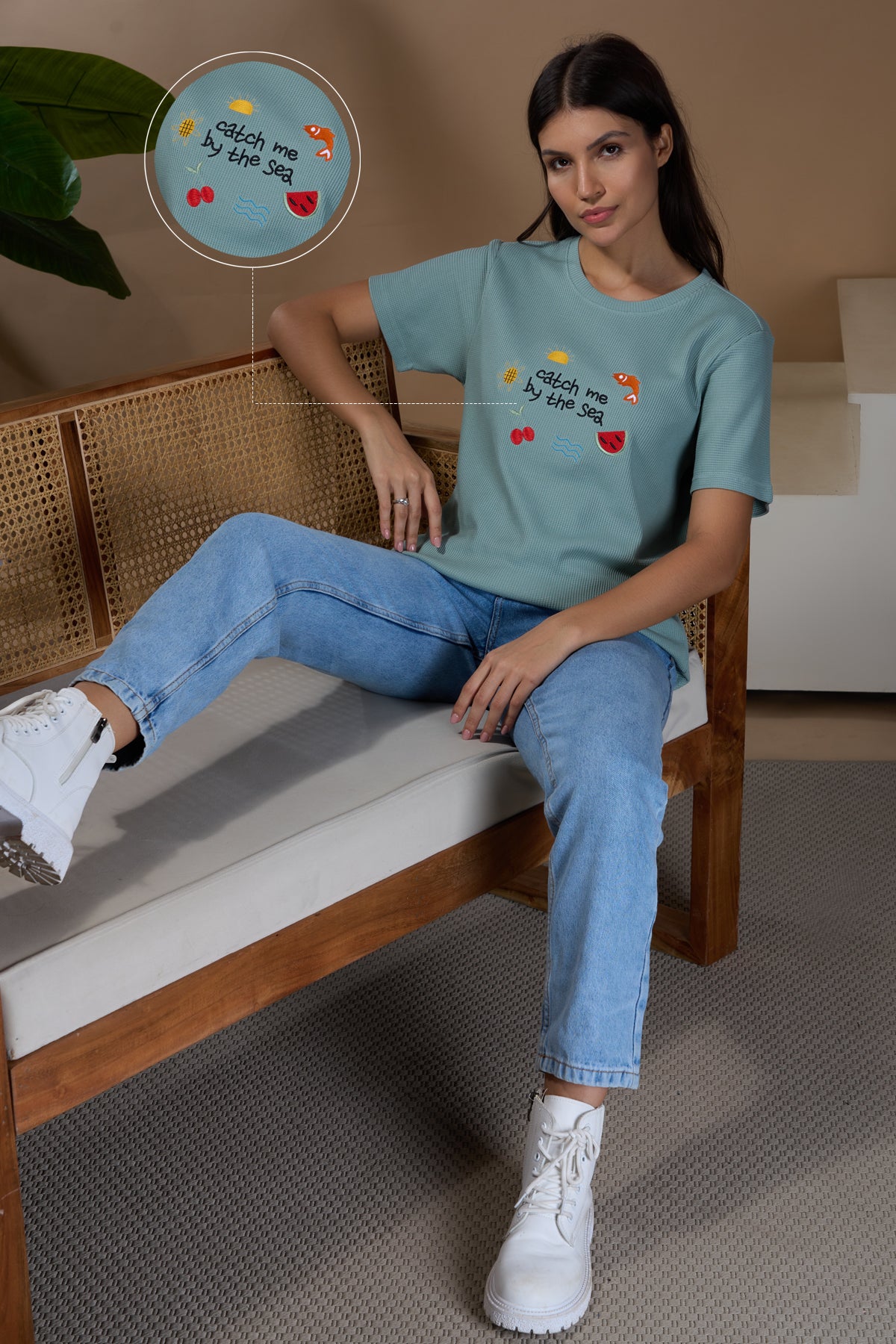 Women Find Your Balance Textured Cotton Relaxed  Fit T-Shirt: Sage