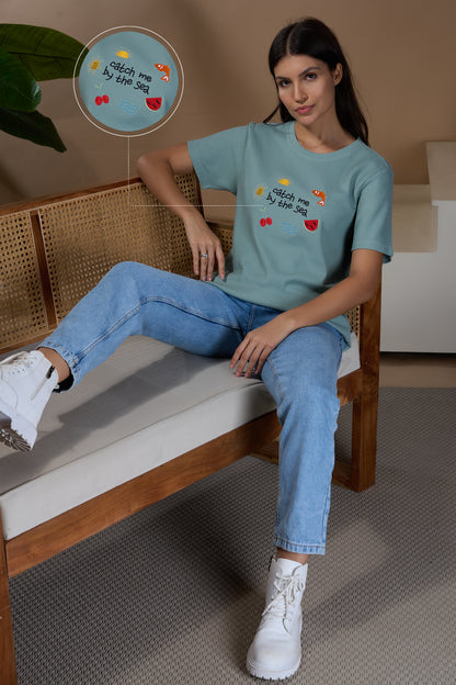 Women Find Your Balance Textured Cotton Relaxed  Fit T-Shirt: Sage