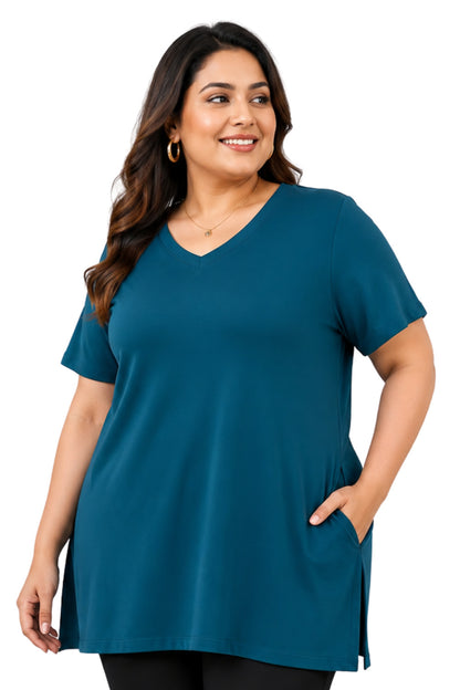 Women’s Plus Size Solid V-Neck Half Sleeve Long Top – Teal Blue