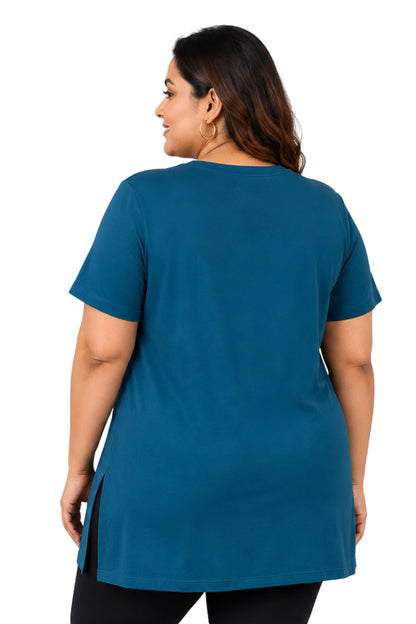 Women’s Plus Size Solid V-Neck Half Sleeve Long Top – Teal Blue
