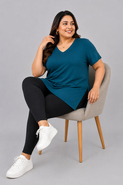 Women’s Plus Size Solid V-Neck Half Sleeve Long Top – Teal Blue