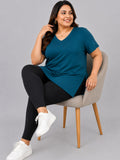 Women’s Plus Size Solid V-Neck Half Sleeve Long Top – Teal Blue