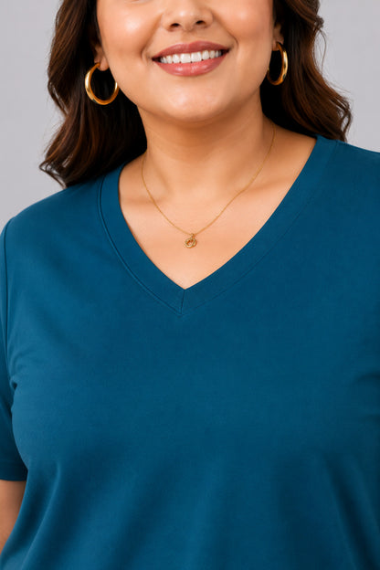 Women’s Plus Size Solid V-Neck Half Sleeve Long Top – Teal Blue