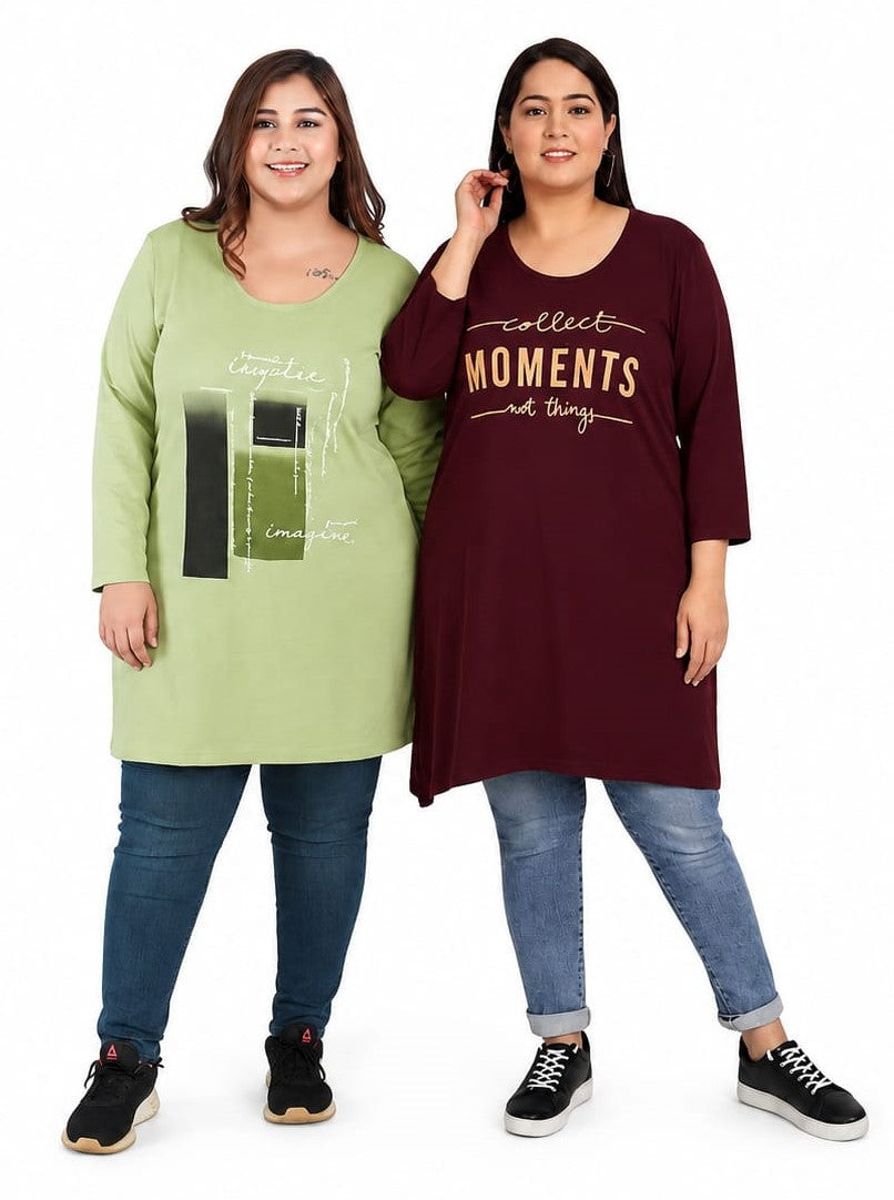 Plus Size Cotton Long Tops for Women Full Sleeves - Pack of 2(Wine&Green)