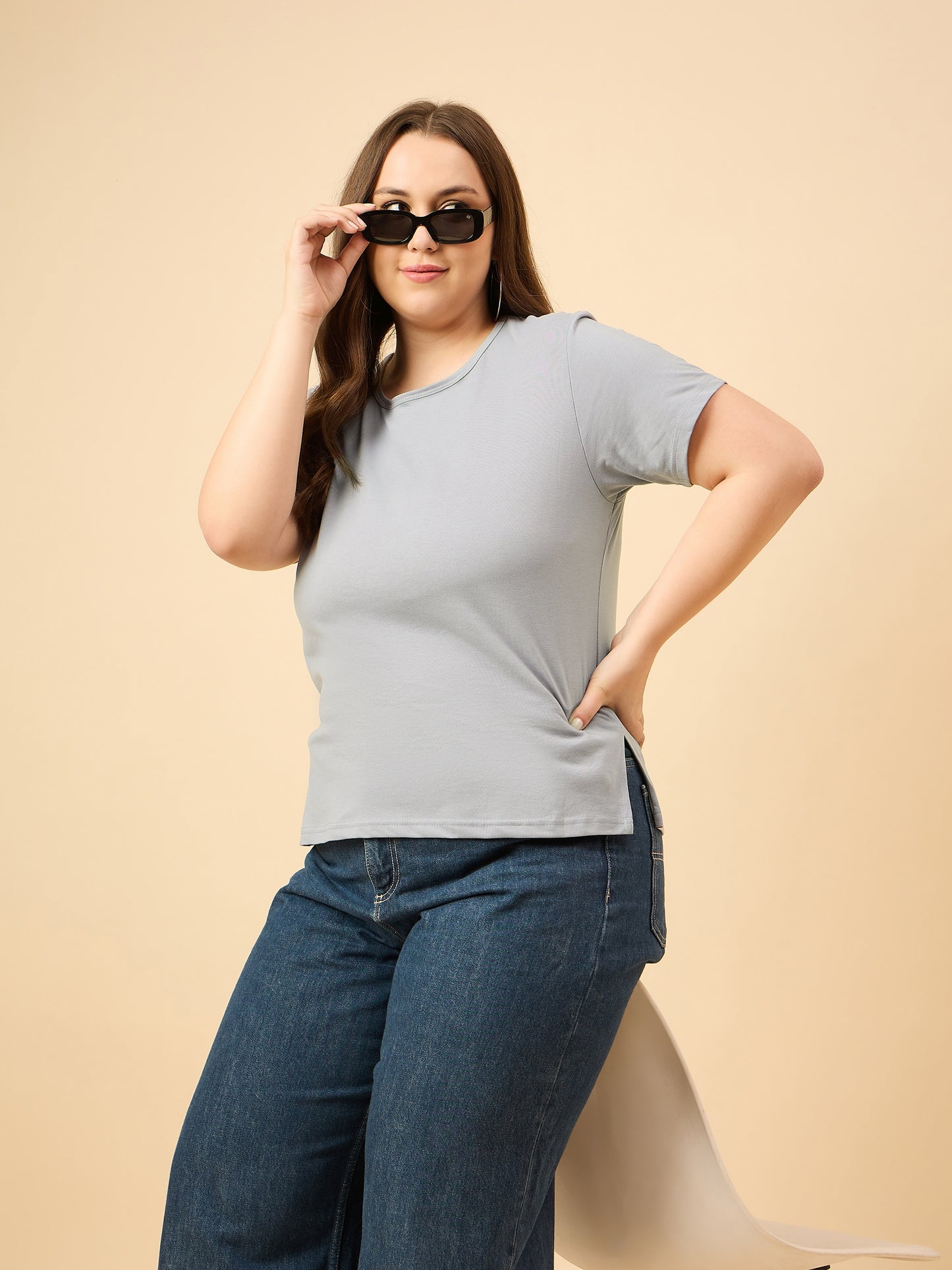 Plus Size Plain Cotton T-Shirt For Women - Blue Satin