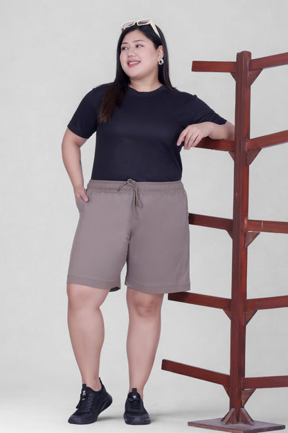 Women's High-Waisted Design Drawstring Waist Blended Regular Fit Shorts- Mocha