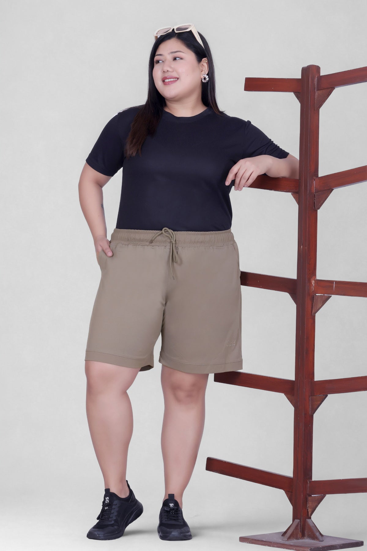 Plus Size Cotton Shorts For Women - Plain Bermuda Combo (Mocha/Blue)
