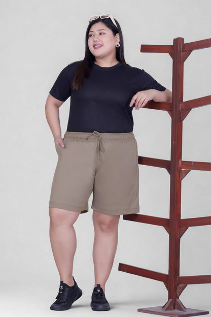 Plus Size Cotton Shorts For Women - Plain Bermuda Combo (Mocha/Blue)