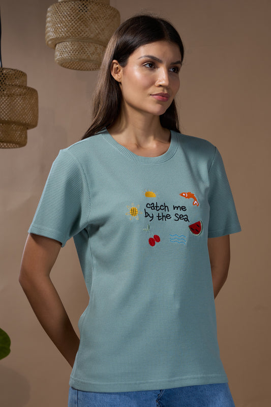 Women Find Your Balance Textured Cotton Relaxed  Fit T-Shirt: Sage