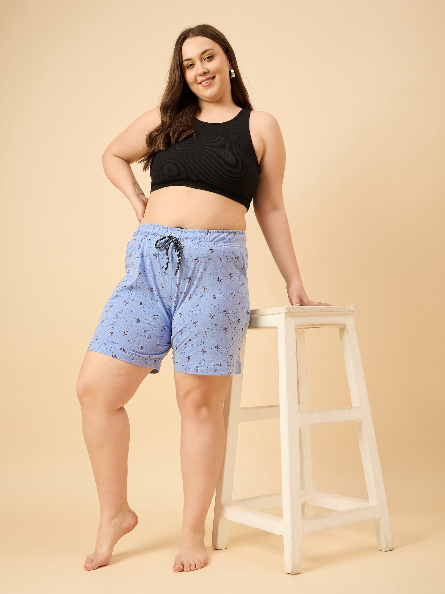 Plus Size Cotton Shorts For Women - Printed Bermuda - Sky Blue