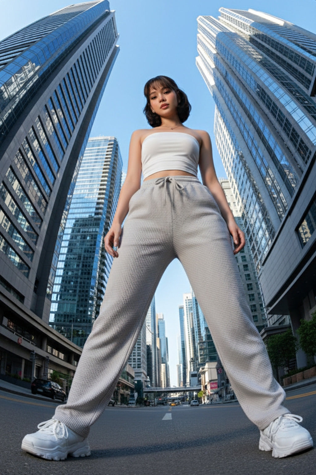 Women's High Rise Waffle Knit Track Pants-Grey