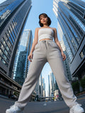 Women's High Rise Waffle Knit Track Pants-Grey