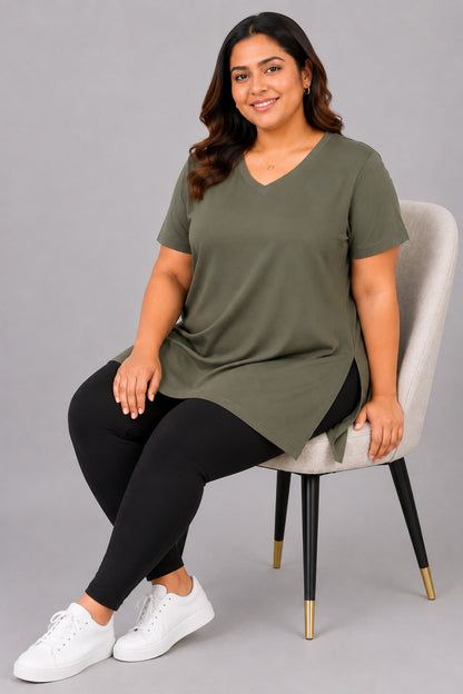 Woman Cotton Lycra V-Neck  Active Tees –Sage