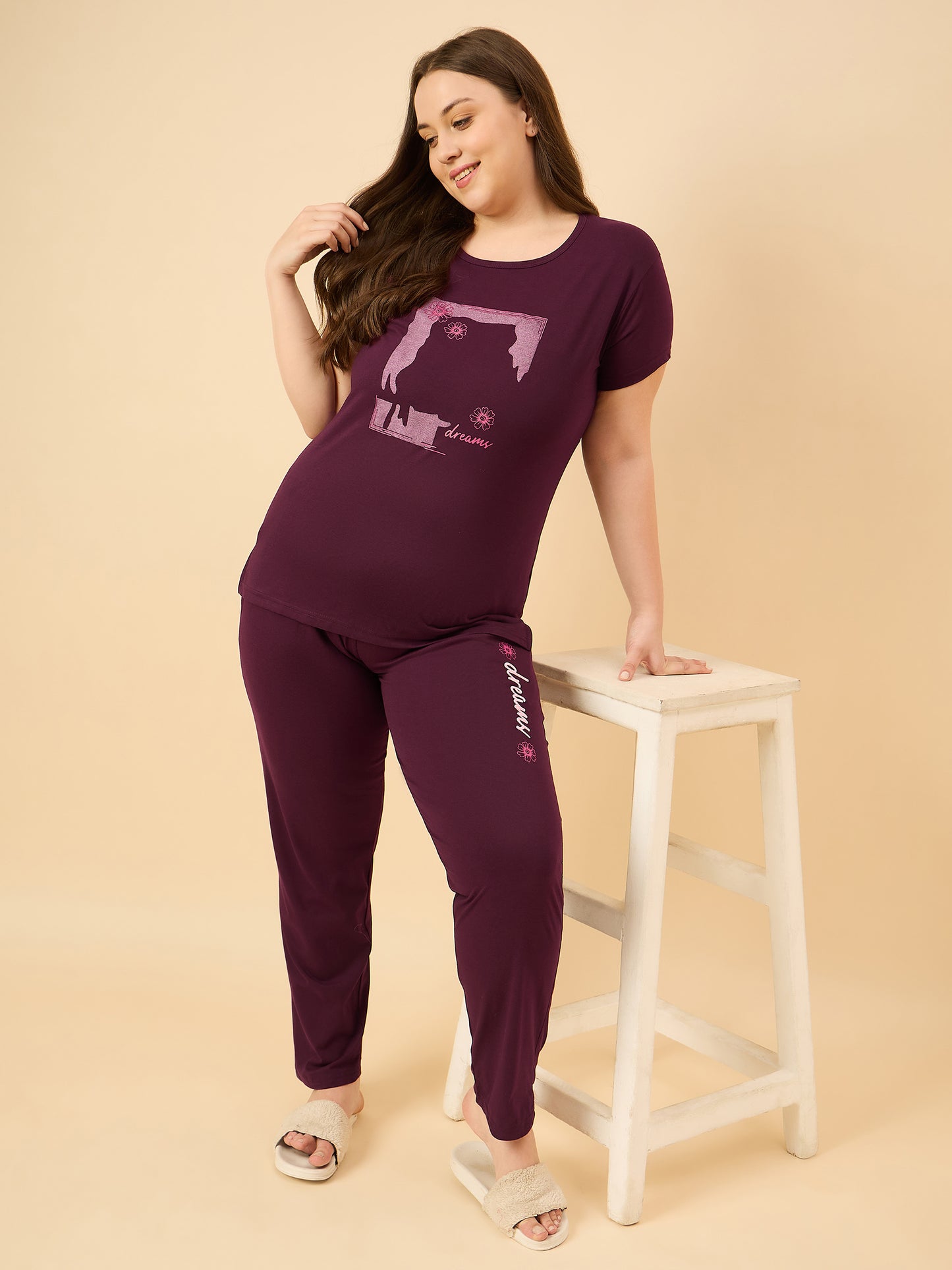 Cotton Nightsuit For Women - Pyjama Set -Wine