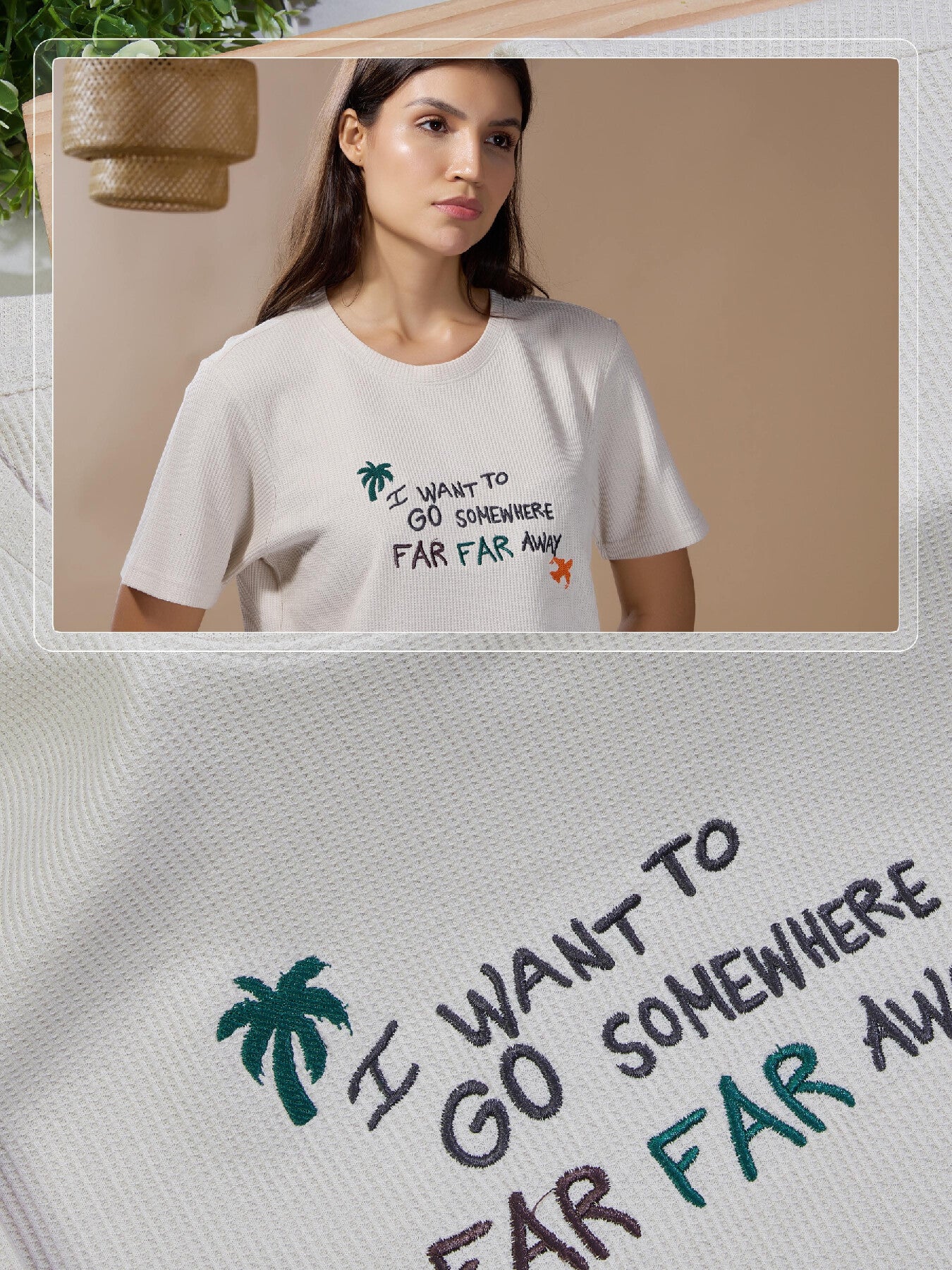 Women Textured Cotton Relaxed  Fit T-Shirt: Beige