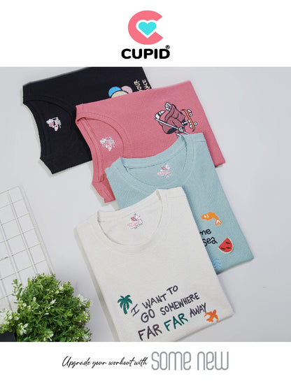 Woman One Ring Script Embroidered Cotton Relaxed  Fit T-Shirt: Ocean Blue