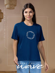 Woman One Ring Script Embroidered Cotton Relaxed  Fit T-Shirt: Ocean Blue