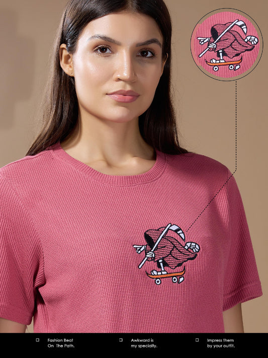 Women Textured Cotton Relaxed  Fit T-Shirt: Primrose