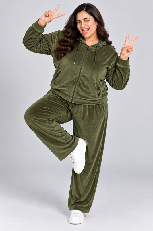 Winter Cotton Velvet Tracksuit For Women - Olive Green