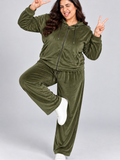 Winter Cotton Velvet Tracksuit For Women - Olive Green
