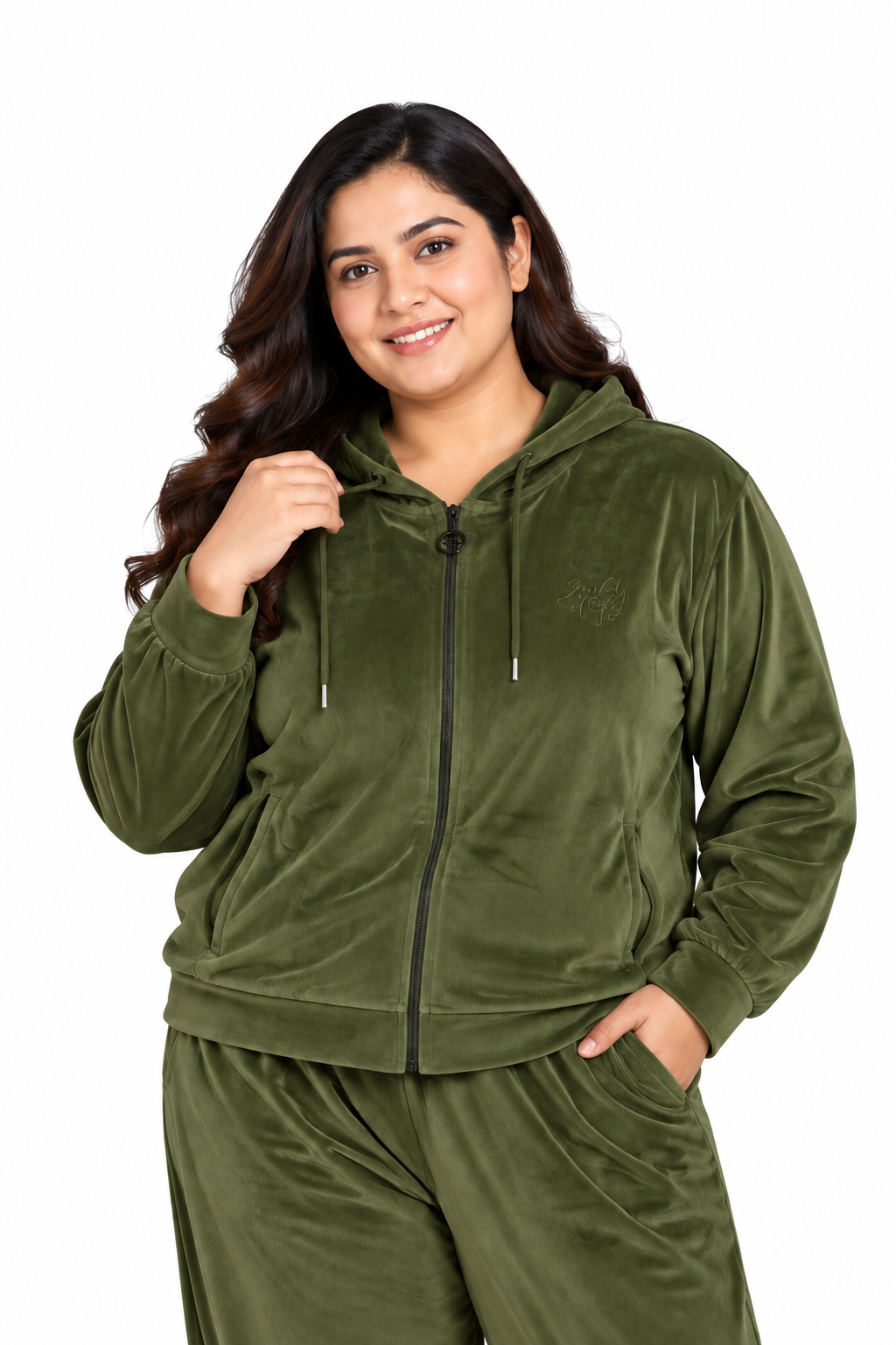 Winter Cotton Velvet Tracksuit For Women - Olive Green